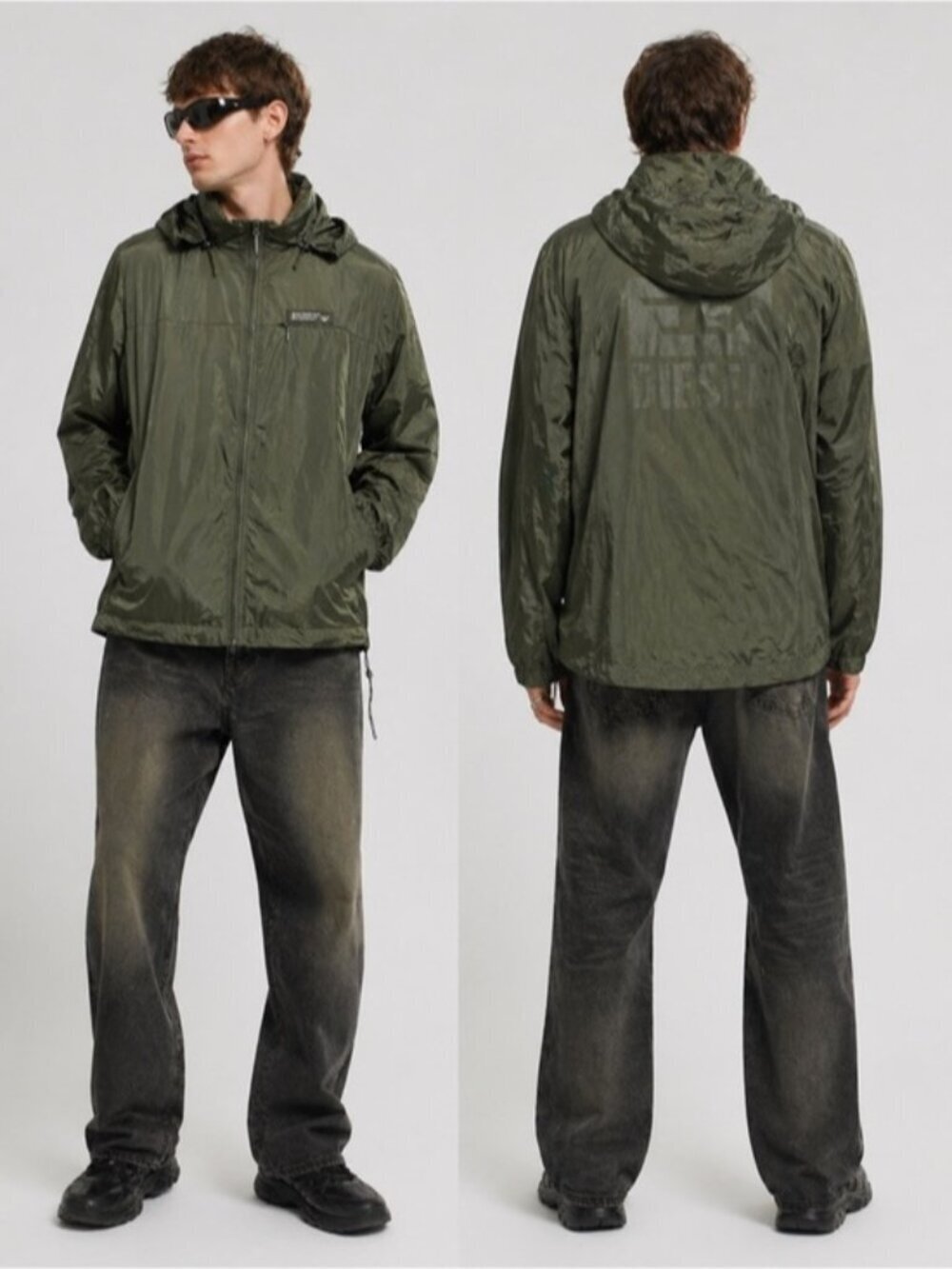 Diesel Parachute Tech Hooded Windbreaker Jacket Olive Green Size L
